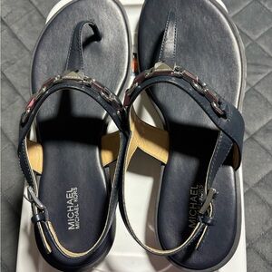 Michael Kors Navy T-Strap Sandals with Chain-Detail